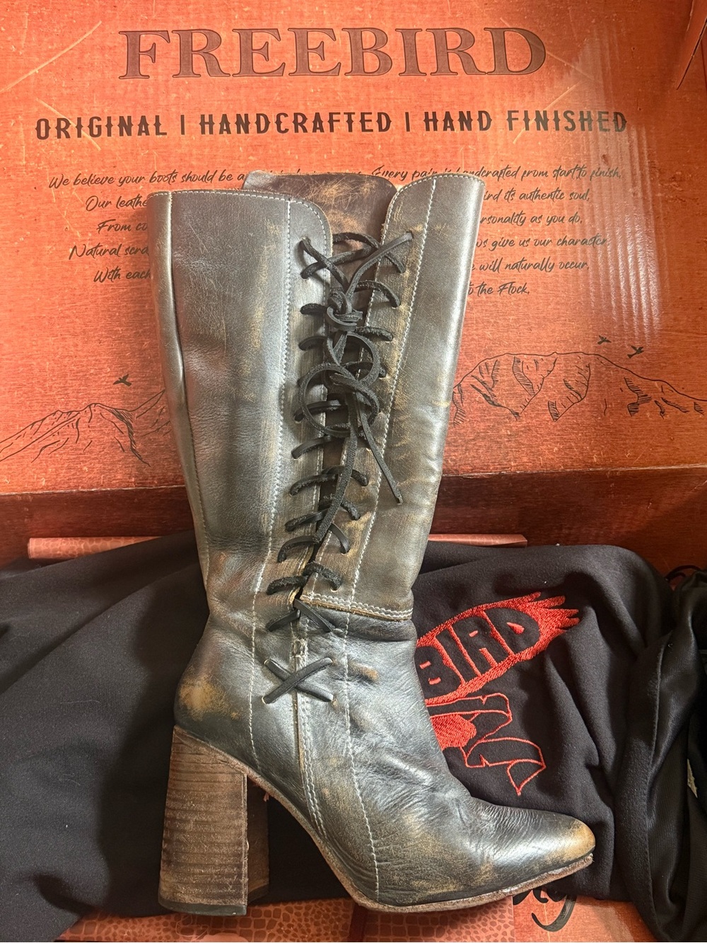 Freebird Black Leather Distressed Lace-Up Mid-Calf Boots